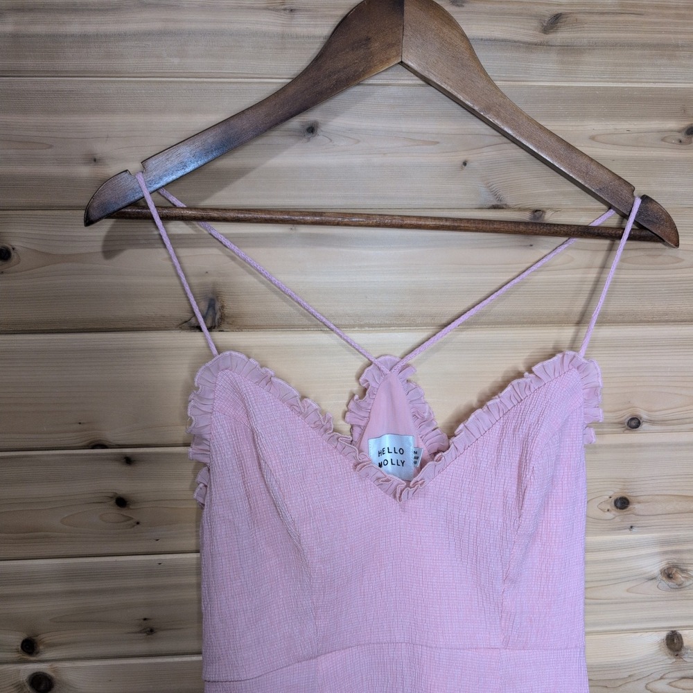 Hello Molly Pink Ruffle V-Neck Mini Dress Crinkle Tiered Flounce Size 6 - Picture 2 of 10